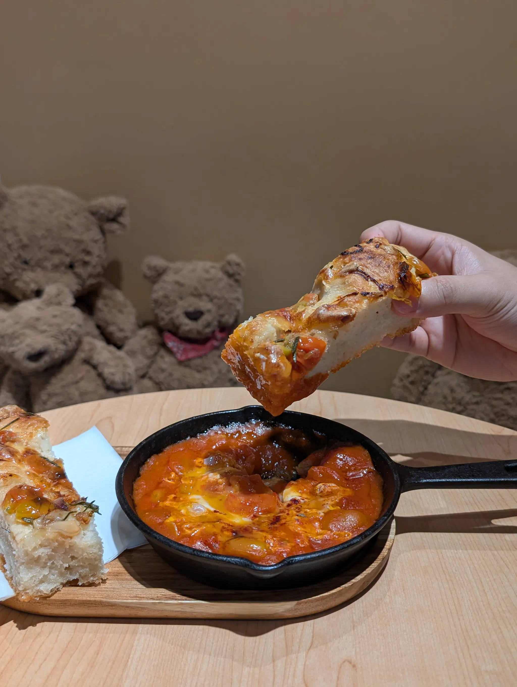 Close-Up Shot of Shakshuka with Focaccia Bread from 3littlechef at Trove Hotel, Johor Bahru, Malaysia