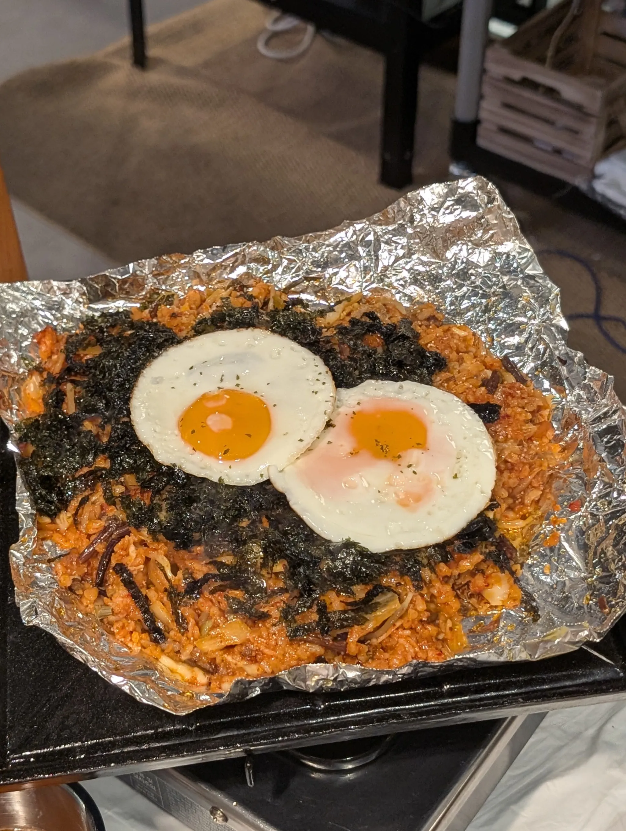 Kimchi Fried Rice with Flying Fish Roe, Mozzarella Cheese and Fried Eggs at Bae Sik Dang Singapore