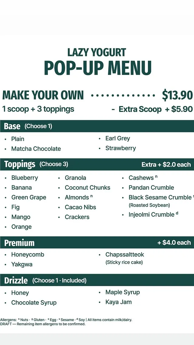 Lazy Yogurt Pop-Up Make Your Own Menu