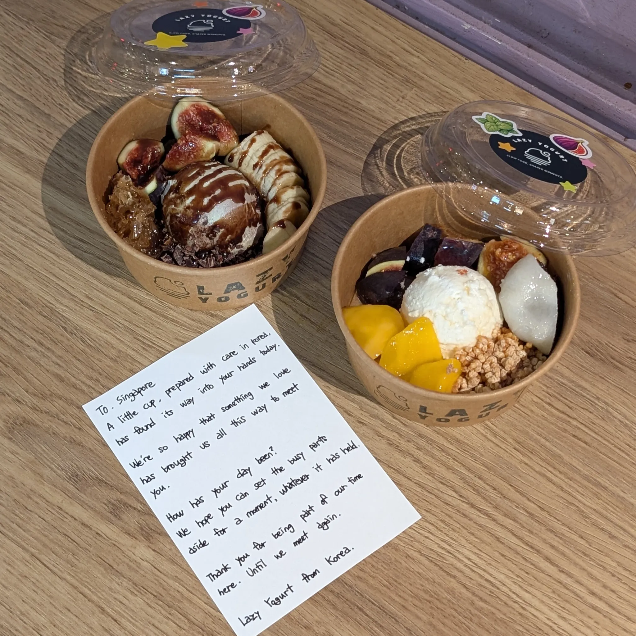 Lazy Yogurt yogurt bowls with a thank-you message