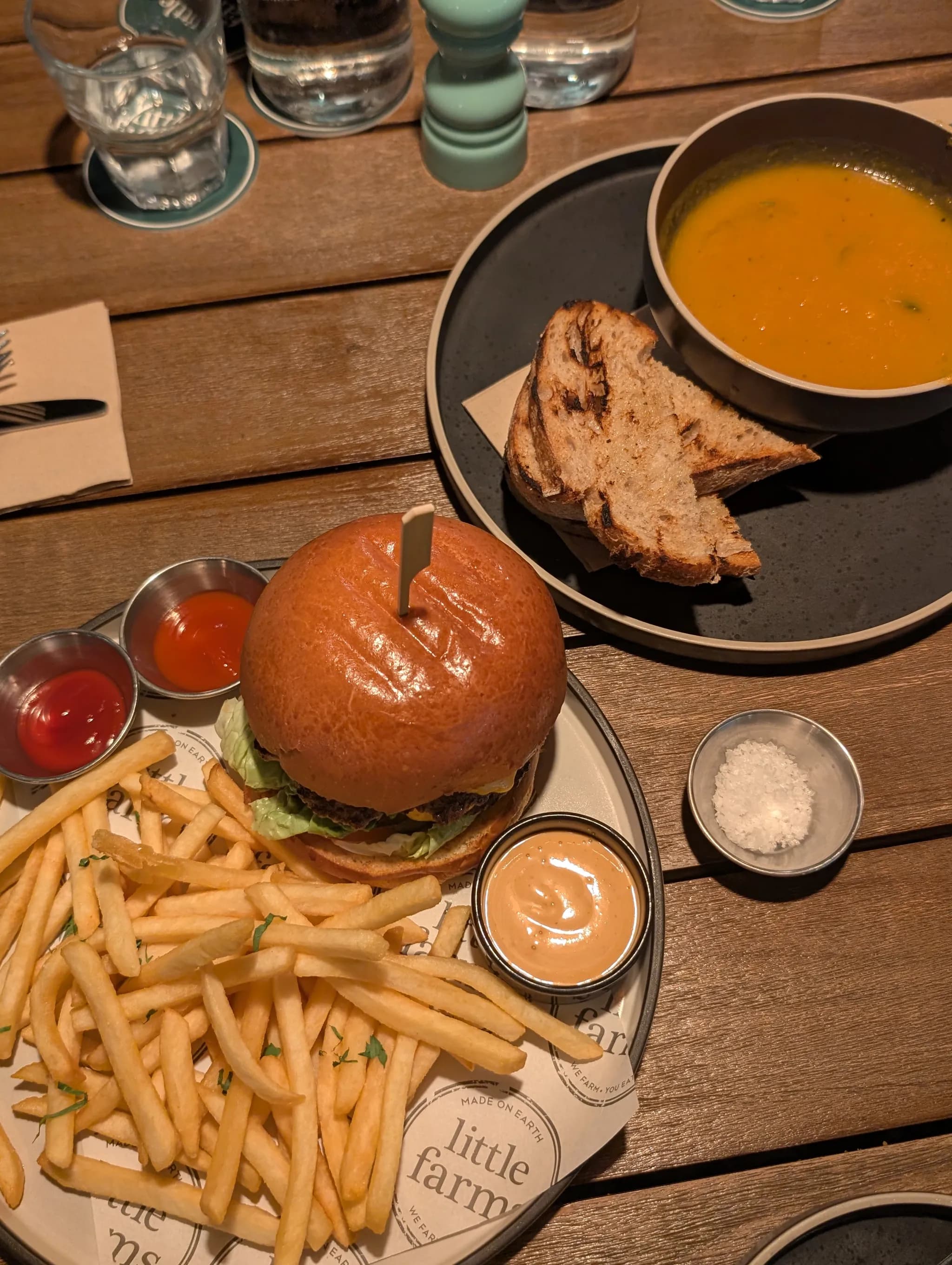 Carrot and tomato soup and Smash burger from Little Farms, Sentosa Island, Singapore