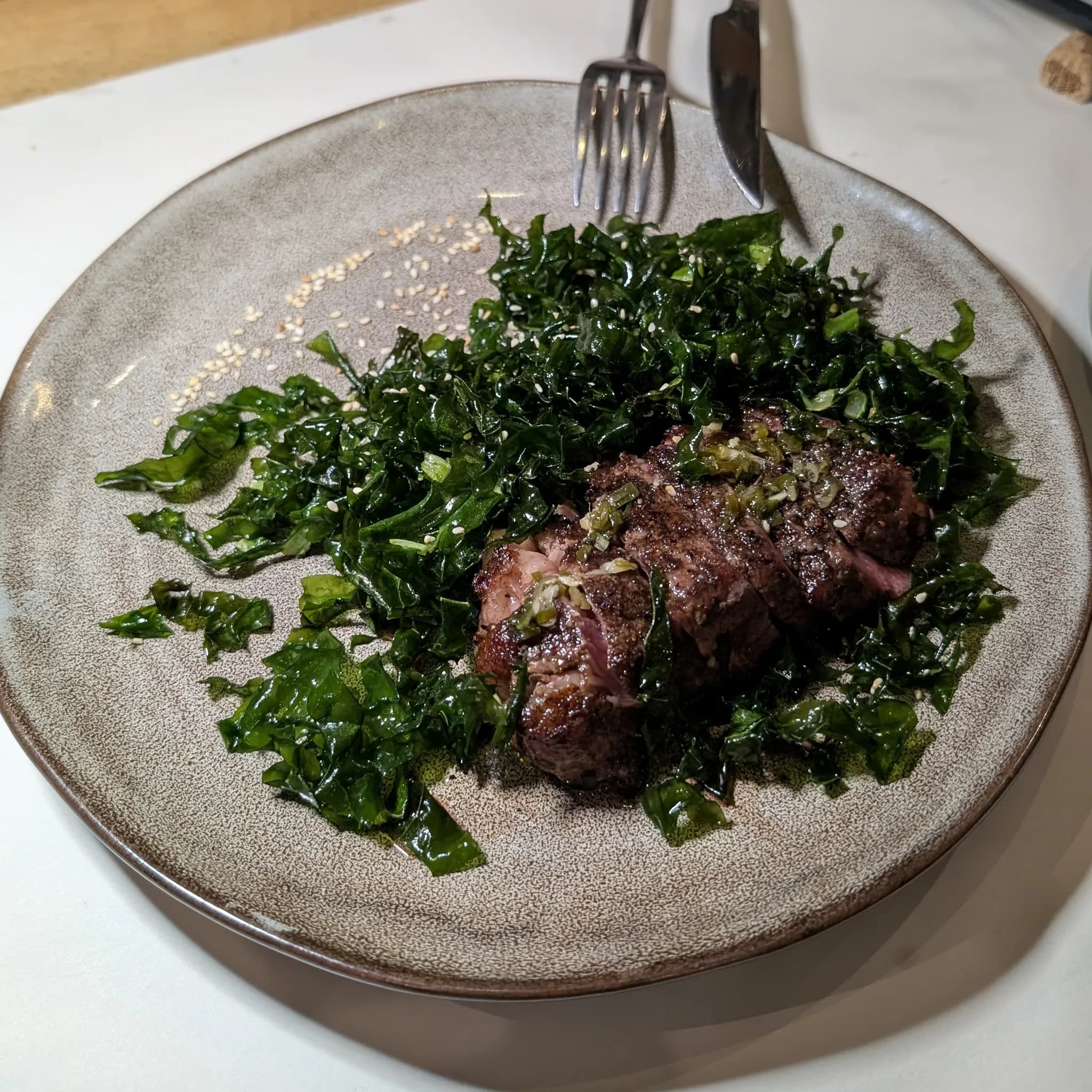Grilled Australian Black Angus Sirloin with Deep-Fried Gai Lan and Ginger Scallion Sauce from Psychotic Operator, Selangor, Malaysia