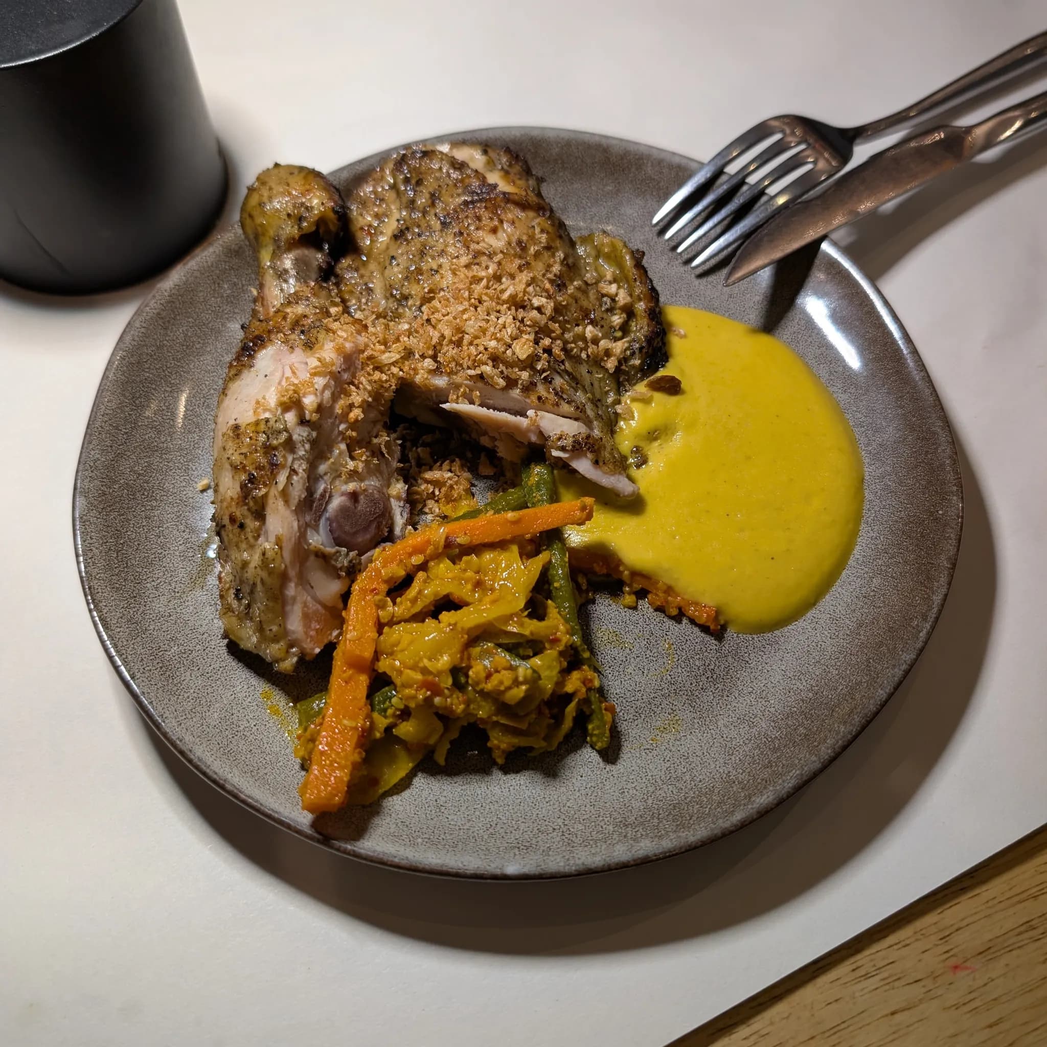Grilled Chicken Leg with Pumpkin Lemongrass Cream, Nyonya Acar, Butter Glaze from Psychotic Operator, Selangor, Malaysia