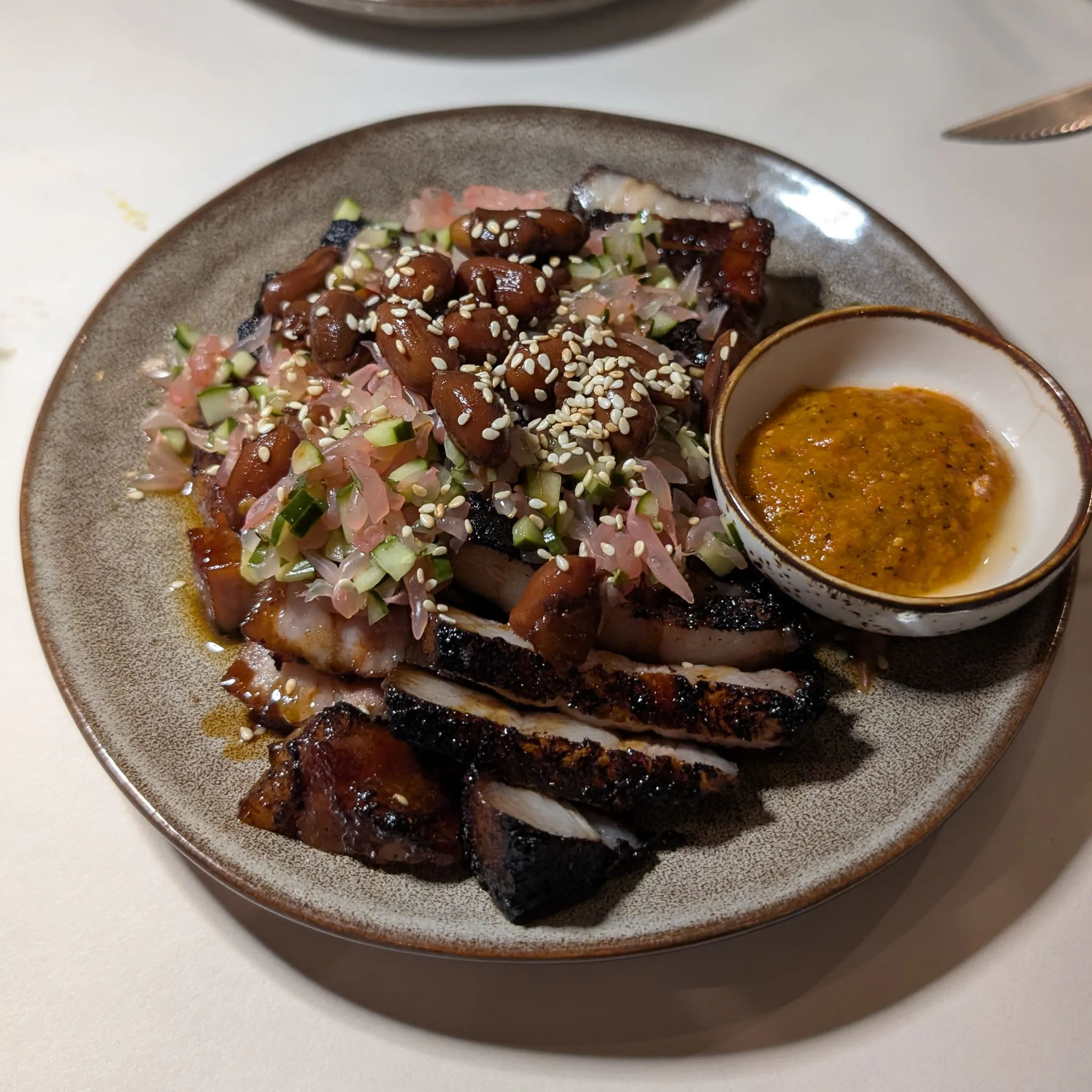 Iberico Char Siew with Braised Peanut, Pink Pomelo Salsa, Fermented Tropical Hot Sauce from Psychotic Operator, Selangor, Malaysia