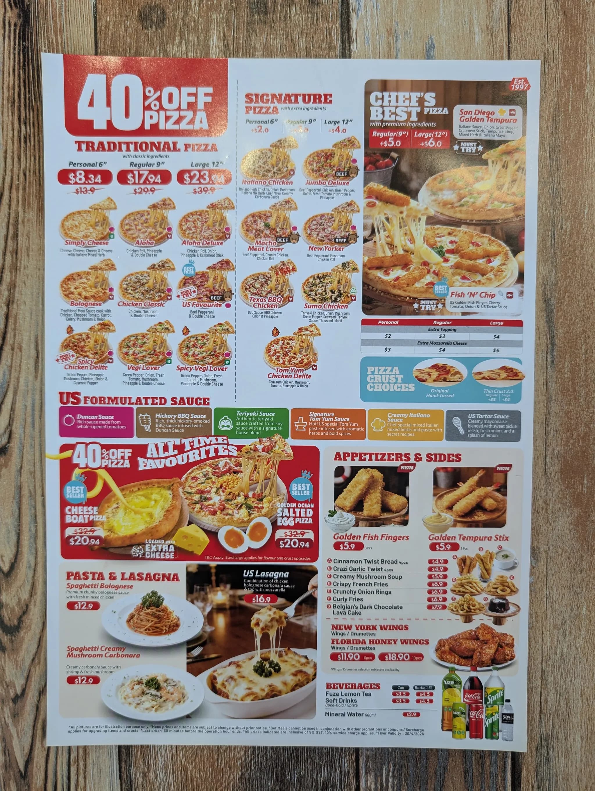 Menu from US Pizza, Singapore