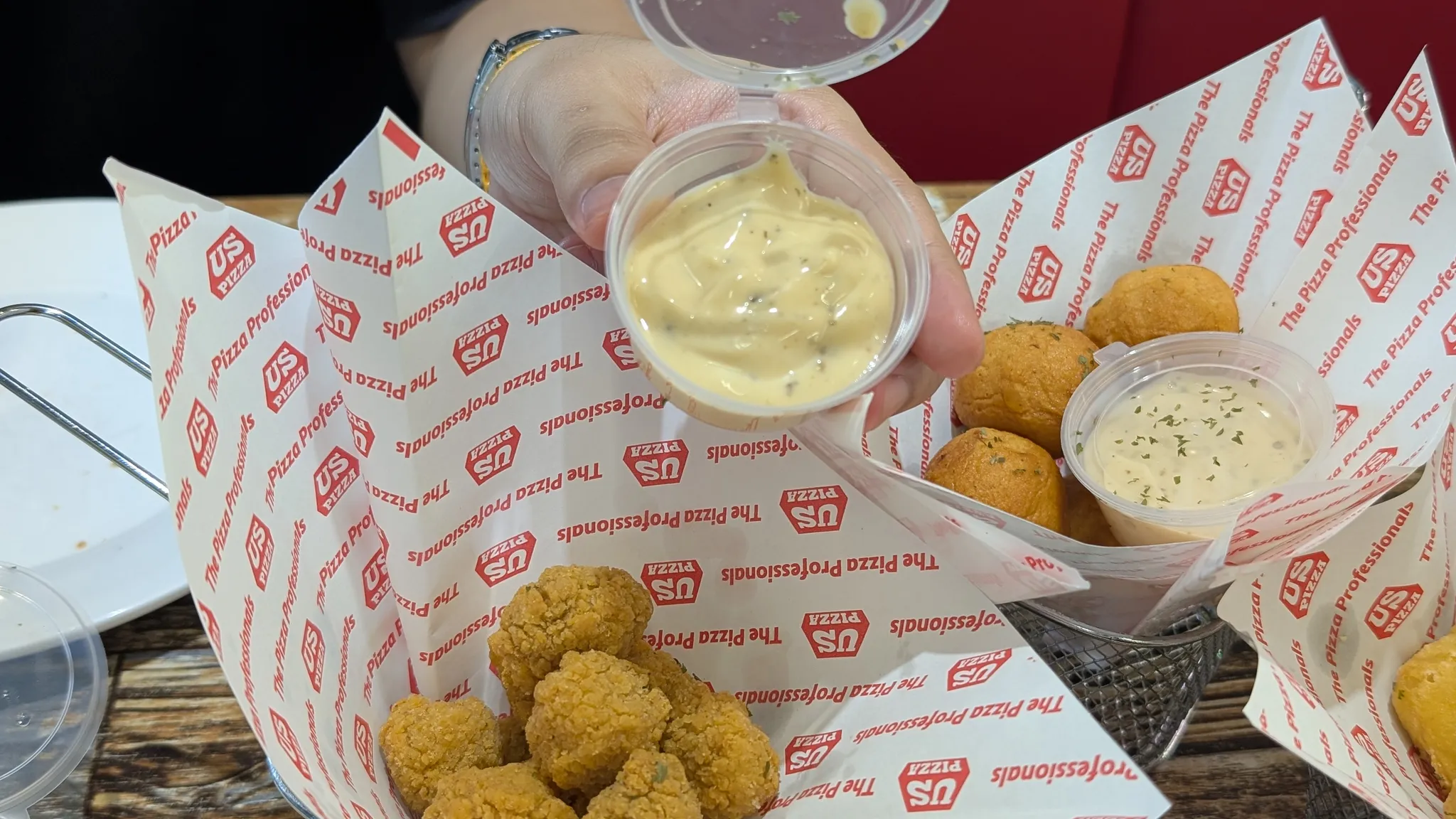New Bursting Chicken Cheezy Meatball, Crispy Chicken Nugget, and Crunchy Popcorn Chicken Sides with Sauce from US Pizza in Singapore